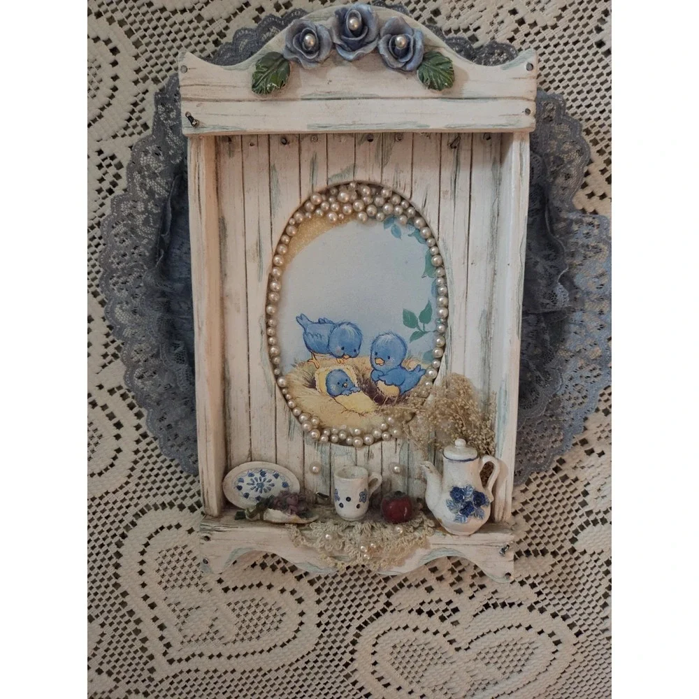 Vintage‎ Wall Art FramedPicture W Baby Blue Birds Lace Faux Pearls Cottage Cute